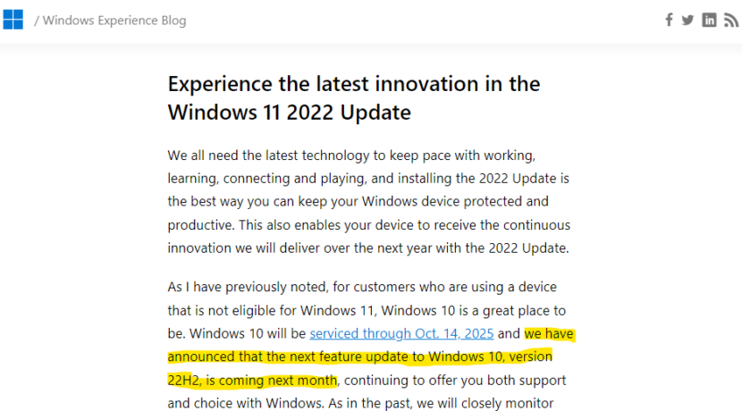 Windows 10 Version 22H2 リリースは10/